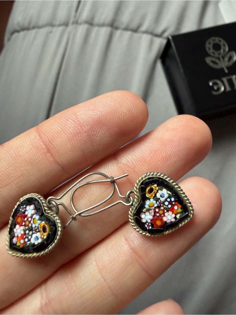 Handmade Heart Millefiori Drop Earrings - Black Floral from Florence-Italy